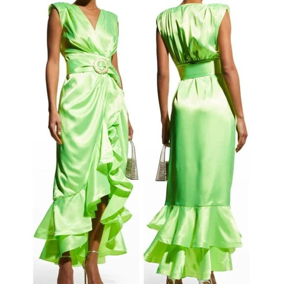 BRONX and BANCO Neon Green Lika Belted Asymmetric Ruffle Wrap Dress Size… - Picture 1 of 11